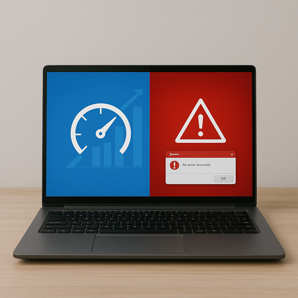 Fotografie realistă cu un laptop modern pe un birou de lemn, afișând un ecran împărțit: în stânga un simbol al performanței și productivității, iar în dreapta o eroare de sistem, ilustrând avantajele și dezavantajele utilizării computerelor.