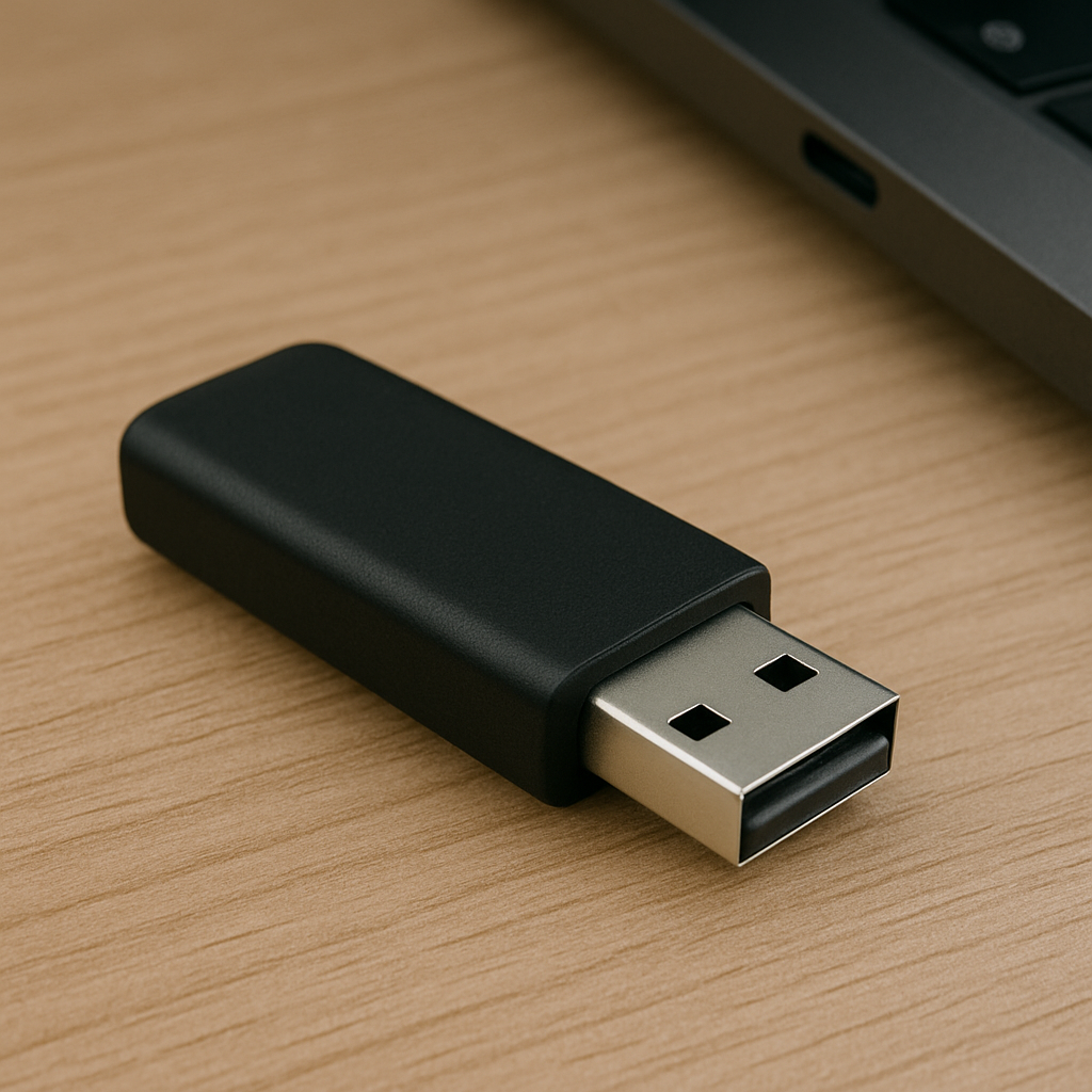 Fotografie realistă cu un stick USB de culoare neagră așezat pe un birou din lemn deschis, având în fundal un laptop parțial vizibil, în fundal ușor estompat.
