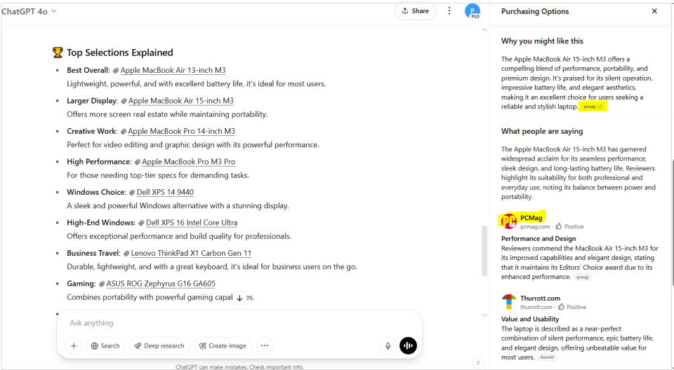 ChatGPT ofera recomandari pentru cele mai bune laptopuri
