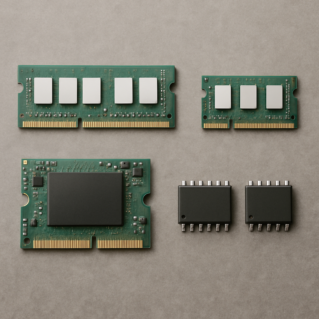 Fotografie realistă cu patru tipuri de module de memorie pentru computer: un modul DIMM RAM, un modul SO-DIMM, un SSD de tip M.2 și două cipuri DRAM, toate așezate ordonat pe un fundal gri texturat.