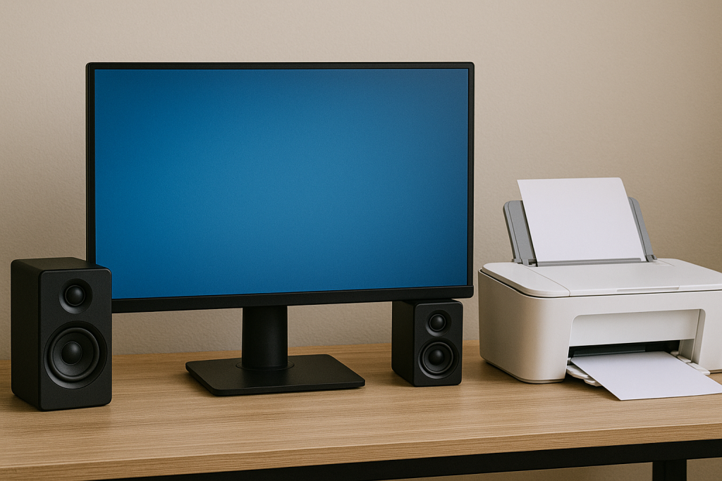 Fotografie realistă cu un monitor, două boxe și o imprimantă așezate pe un birou din lemn, ilustrând diferite tipuri de dispozitive de ieșire utilizate într-un mediu de lucru modern.