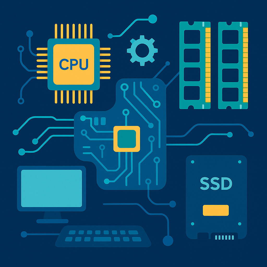 Ilustrație stil plat pe fundal bleumarin cu elemente de hardware de calculator: un cip CPU galben cu răcitor auriu, o placă de bază turcoaz cu circuite, module RAM verzi, o unitate SSD, un monitor și o tastatură, toate interconectate prin linii subțiri de circuit.