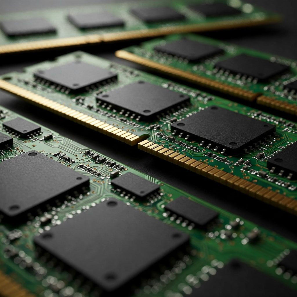 O imagine fotorealistică, de înaltă rezoluție, a memoriei computerului și a unităților de memorie, cu accent pe detaliile complexe ale componentelor. Imaginea include o vedere de aproape a câtorva module RAM DDR5, afișând circuitele complicate de pe fiecare modul și circuitele integrate (IC-uri) mici care stochează date. O lentilă macro surprinde textura cipurilor de memorie, subliniind condensatorii, inductorii și rezistențele miniaturale gravate pe module. Imaginea utilizează o combinație de iluminare naturală și iluminare de studio focalizată pentru a oferi detalii clare, permițând spectatorilor să aprecieze pe deplin complexitatea memoriei computerului. Fundalul este intenționat estompat, creând un accent vizual pe aspectele tehnice ale unităților de memorie.