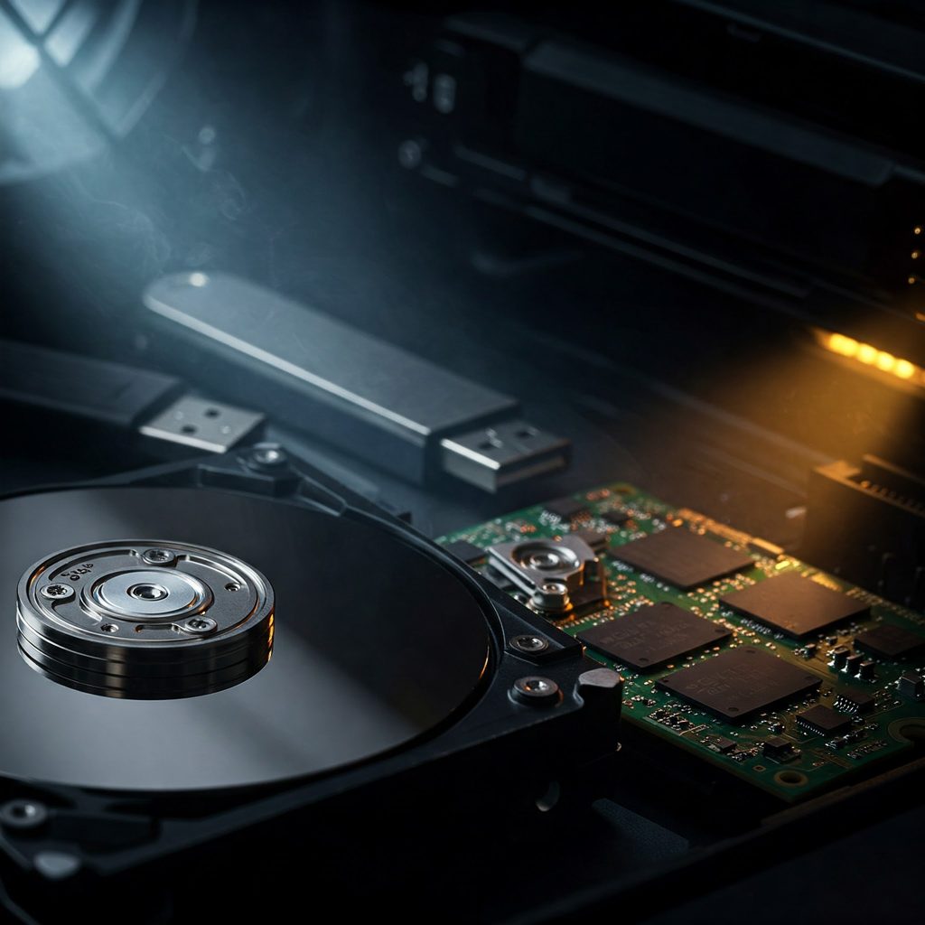 O privire detaliată în interiorul unui computer modern, evidențiind rolul esențial al memoriei secundare. În prim-plan, un hard disk (HDD) robust își dezvăluie mecanismele interne complexe, simbolizând stocarea tradițională de mare capacitate. În fundal, o unitate solid-state (SSD) elegantă sugerează viteza și eficiența stocării moderne. Unitatea flash USB compactă și hard disk-ul extern discret plasează în context portabilitatea și arhivarea datelor, ilustrând diversitatea și importanța memoriei secundare în ecosistemul informatic actual.