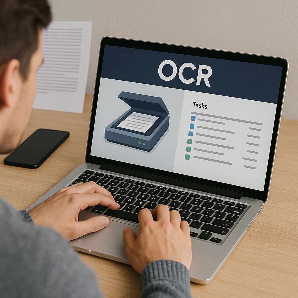 Fotografie realistă cu o persoană care folosește un laptop pentru a procesa documente printr-o aplicație de recunoaștere optică a caracterelor (OCR), la un birou din lemn deschis.