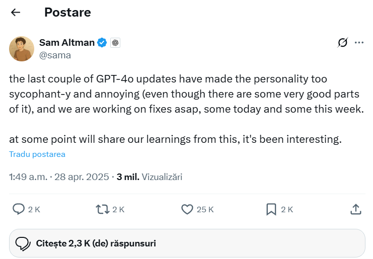 Postarea lui Sam Altman despre actualizarea personalității Chat GPT