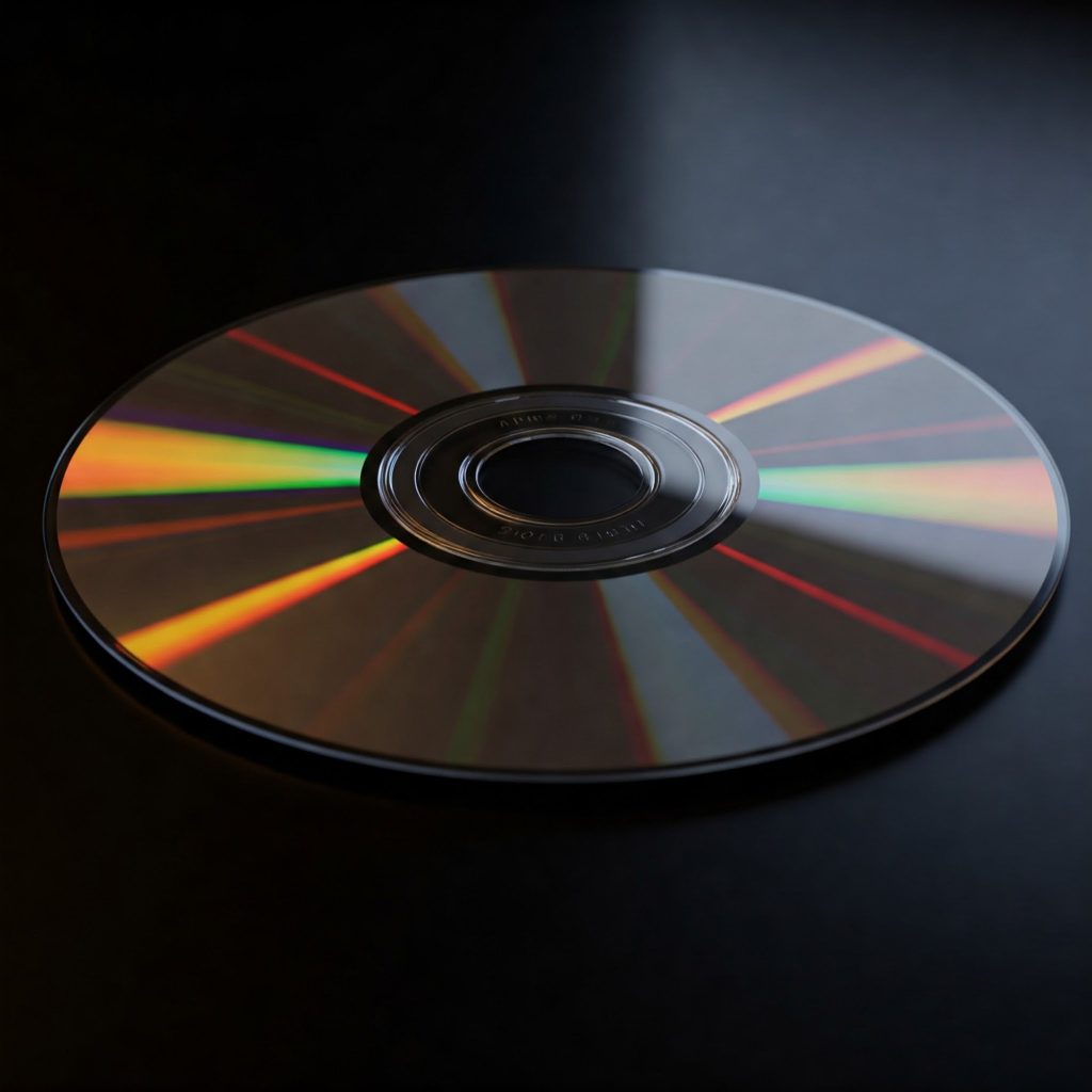 O imagine fotorealistică care prezintă un disc compact (CD) așezat pe o suprafață neagră. Se pot observa reflexiile luminii pe suprafața lucioasă a CD-ului, creând un efect de curcubeu.