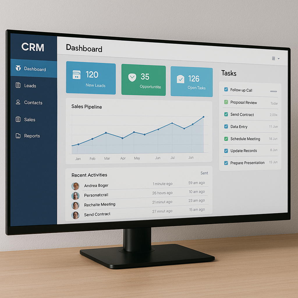 Fotografie realistă cu un monitor wide modern așezat pe un birou de lemn, afișând interfața unui software CRM cu un tablou de bord, grafice și liste de sarcini.