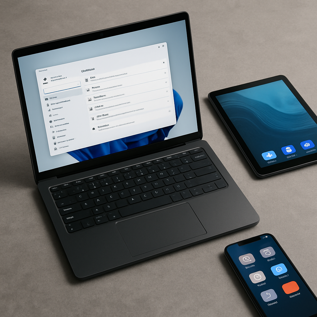Fotografie realistă cu un laptop, o tabletă și un smartphone plasate pe o suprafață gri, fiecare afișând interfețe de sistem de operare sau aplicații, ilustrând conceptul de software de sistem pe diferite dispozitive.