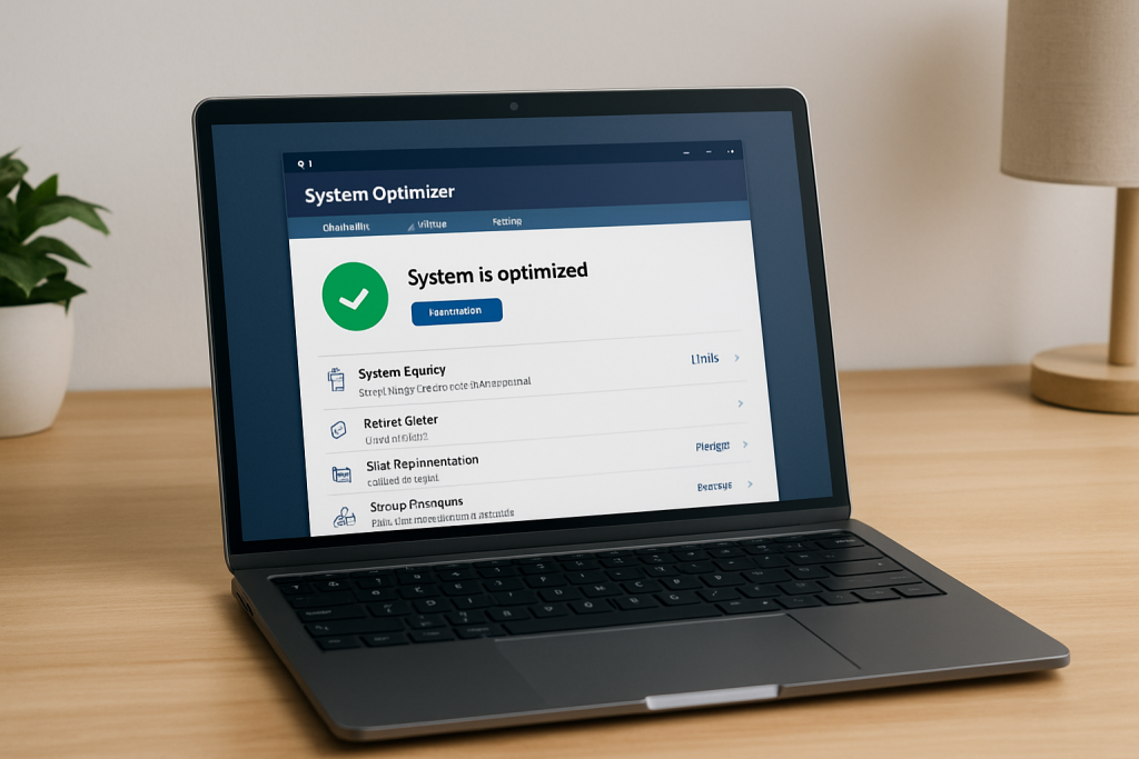 Fotografie realistă cu un laptop modern pe un birou de lemn deschis la culoare, afișând pe ecran un software de optimizare a sistemului, cu indicatori de stare și opțiuni de curățare și îmbunătățire a performanței.