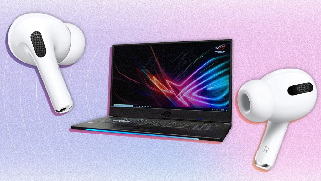 Casti wireless Airpods conectate la laptop