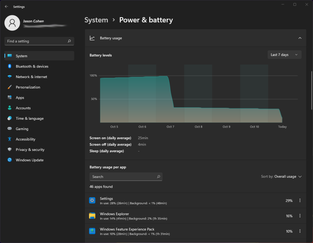 Consumul de baterie afisat in Windows 11