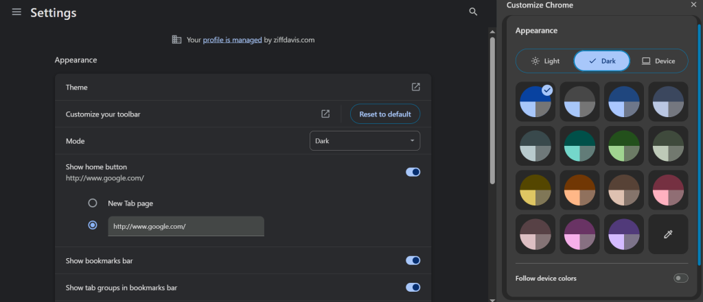 Dark mode activat in Google Chrome