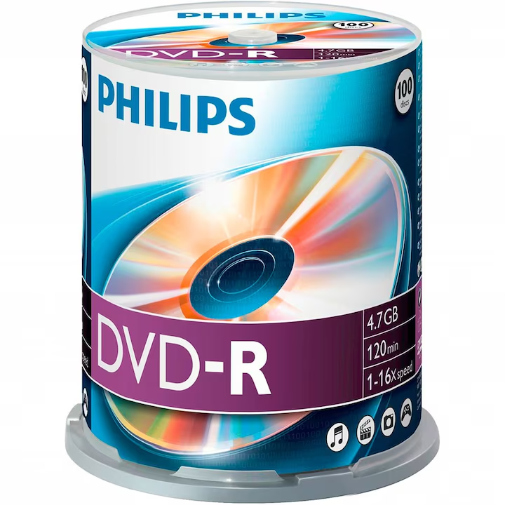 Pachet de discuri DVD-R (Digital Versatile Disc Recordable) produse de Phillips