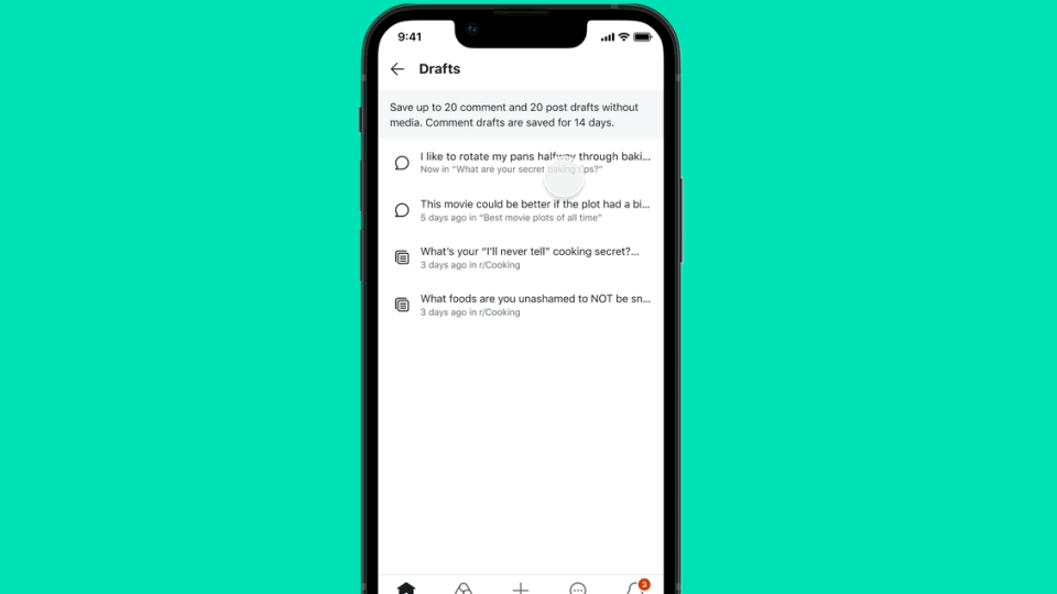 Cum arata sectiunea "Drafts" a aplicatiei Reddit
