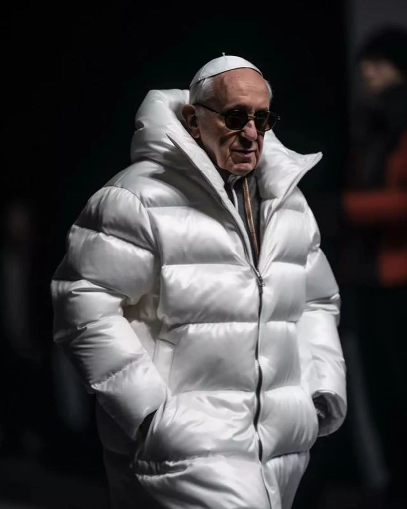 Imagine cu Papa Francis realizata prin intermediul inteligentei artificiale si incadrata ca „deepfake”
