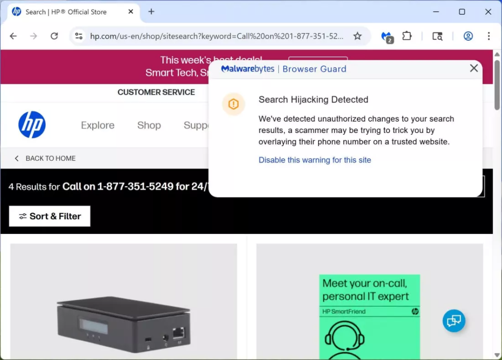 Tentativa de scam a hackerilor folosind pagina de suport clienti HP