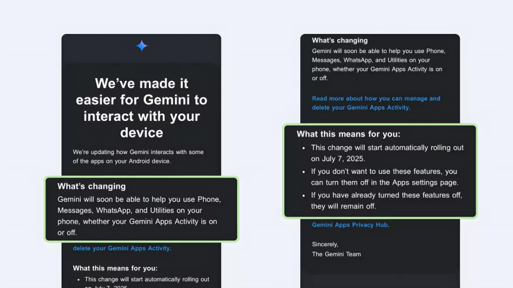 Capturi de ecran ale e-mailului Google care detaliază accesul extins al Gemini la aplicațiile Android, stârnind îngrijorări cu privire la confidențialitatea utilizatorilor. Formulează o solicitare către ChatGPT
