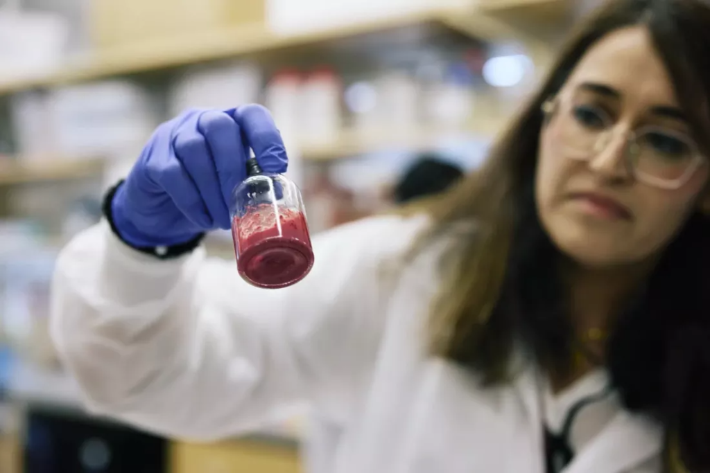 Cercetatoare studiaza o mostra de sange artificial