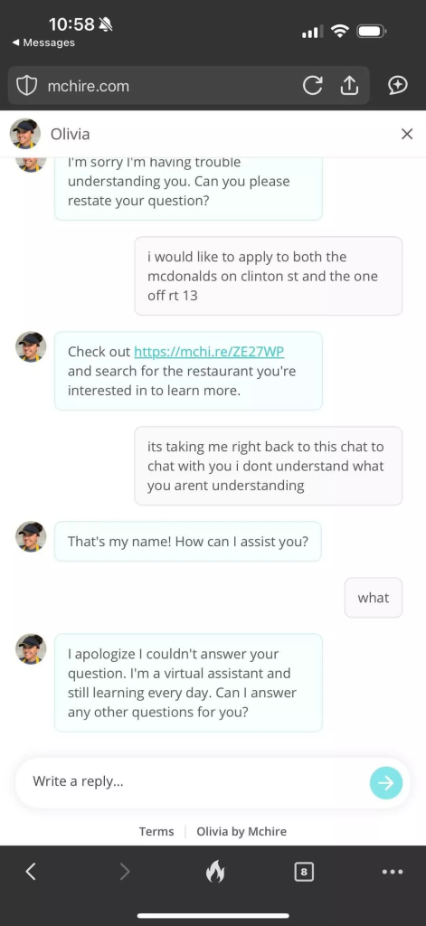 Conversatie in vederea angajarii sustinuta cu chatbot-ul utilizat de Mc Donalds