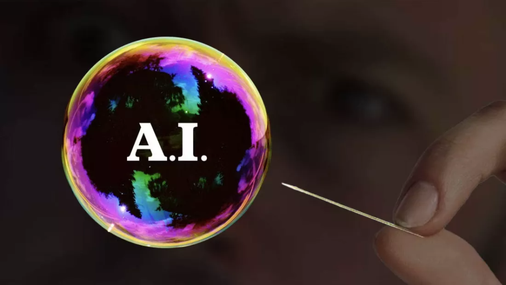 Imagine cu un balon se sapun pe care scrie "Inteligenta Artificiala" alaturi de un ac de cusut, simbolizand fragilitatea inteligentei artificiale