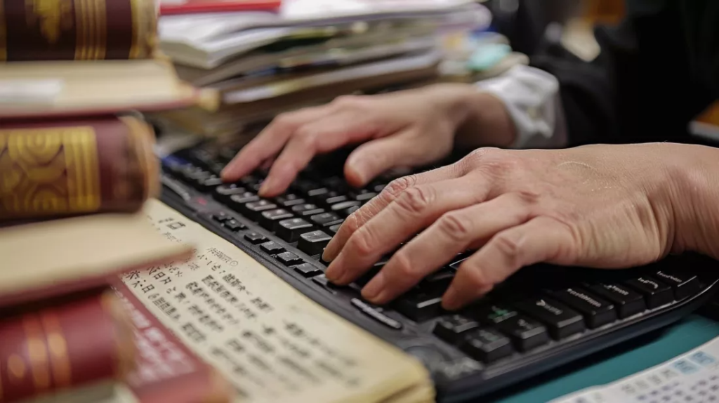Persoana lucreaza folosind carti si o tastatura