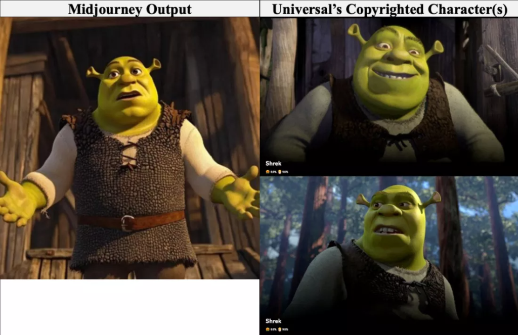 Imagine in paralel cu personajul Shrek din cadrul filmului produs de Universal Pictures si imagine cu acelasi personaj generata de inteligenta artificiala