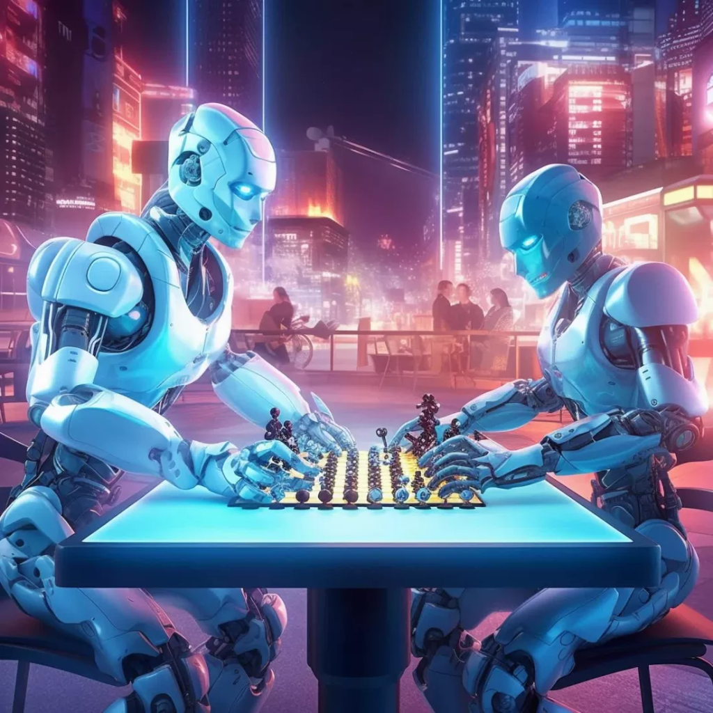 Joc de sah intre doi roboti, simbolizand utilizarea inteligentei artificiale in jocul de sah