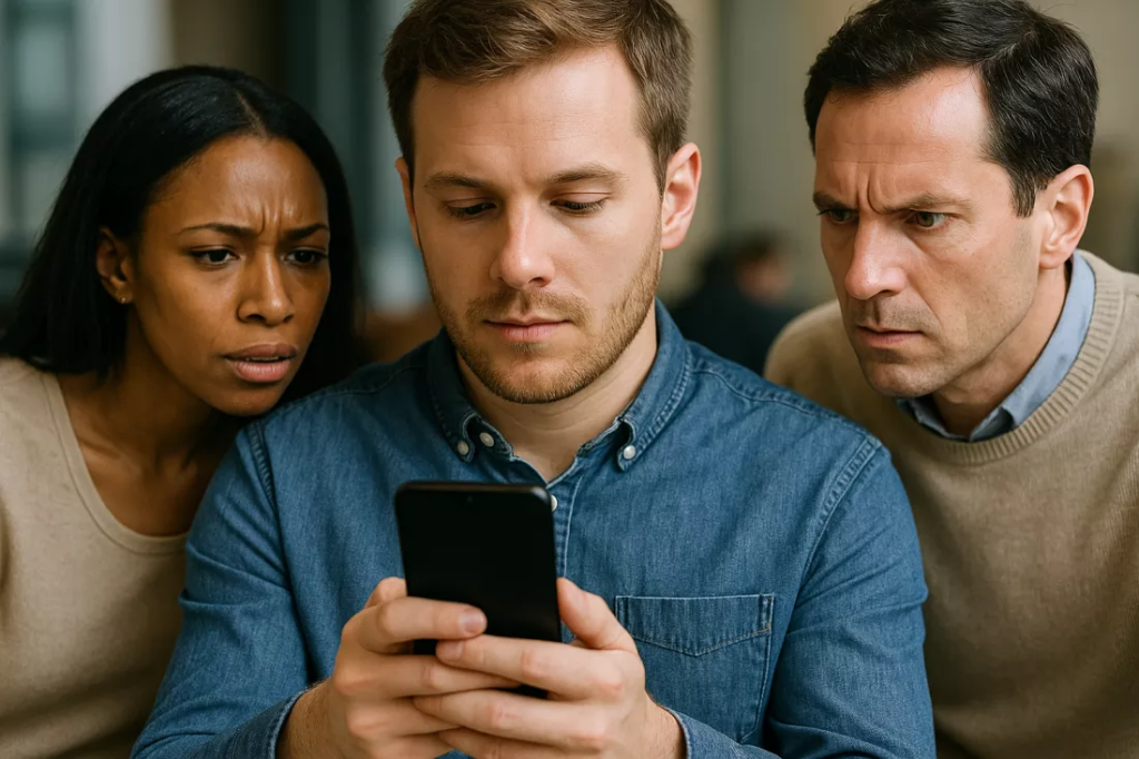 Persoane privesc catre ecranul smartphone-ului altei persoane