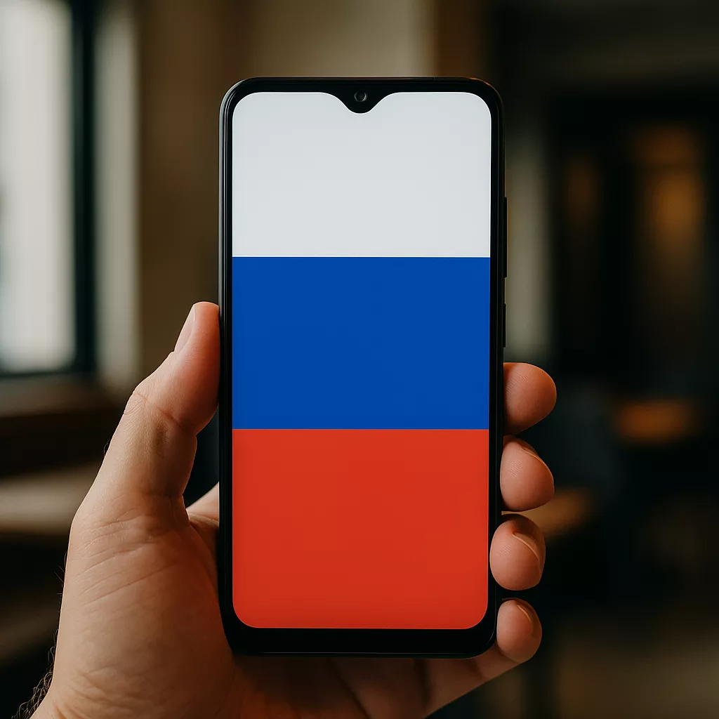 Un smartphone care utilizeaza steagul Rusiei ca imagine de fundal